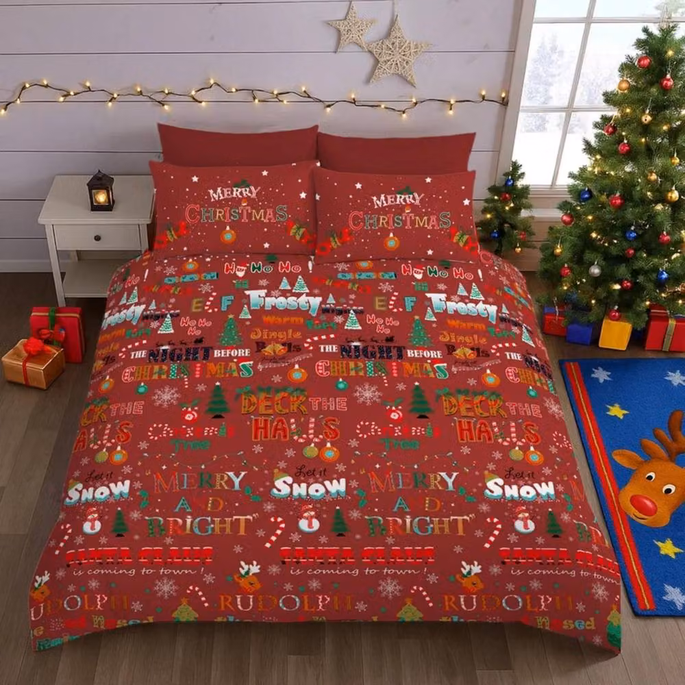 Velosso Festive Deck the Halls Christmas Duvet Cover and Pillowcase Set in Red, W: 180 cm x L: 200 cm – 2