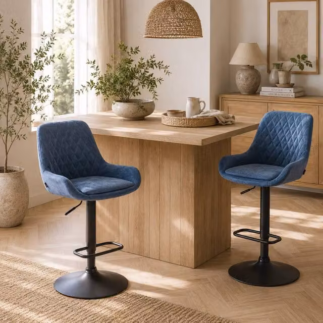 Wyld Haus Sekamo Set of 2 Retro Swivel Bar Stools in Blue Faux Leather and Metal – 1