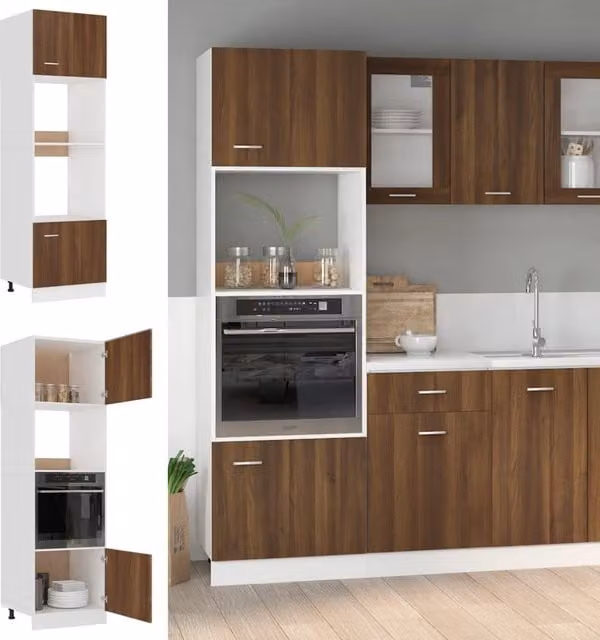 Berkfield Home Brown Oak Microwave Cabinet with Hinged Doors, W/D/H: 60 x 57 x 207 cm