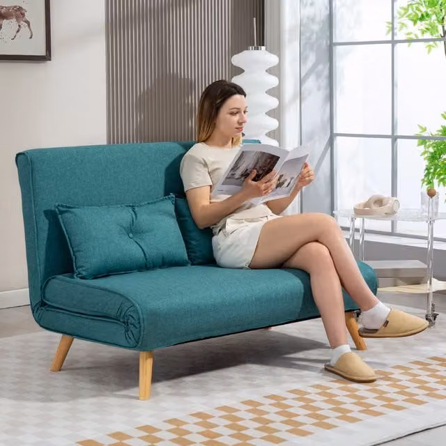 HOMCOM 2 Seater Click Clack Sofa Bed in Green with Scatter Cushions – 1
