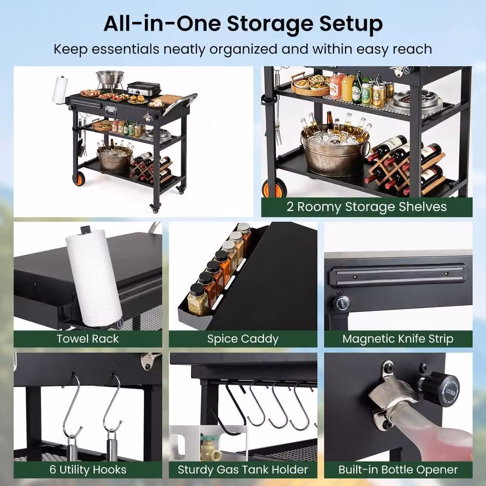 Costway 3-Tier Folding Metal Grill Cart with Wheels and Hooks in Black – 6