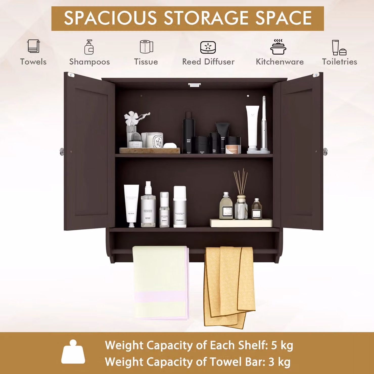 Gymax Brown Wall Mounted Bathroom Cabinet with Towel Bar and Adjustable Internal Shelves – 6