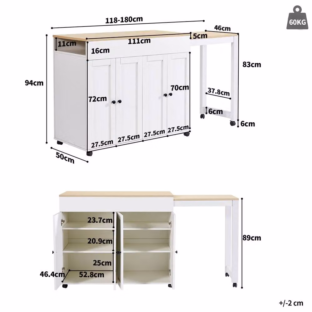 ModernLuxe Kitchen Island with Extendable Table and 4 Doors in White – 2