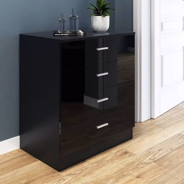 FORGEVIO Modern Black Glossy Chest of 4 Drawers Bedroom Storage Cabinet W/D/H: 67 x 60 x 38 cm
