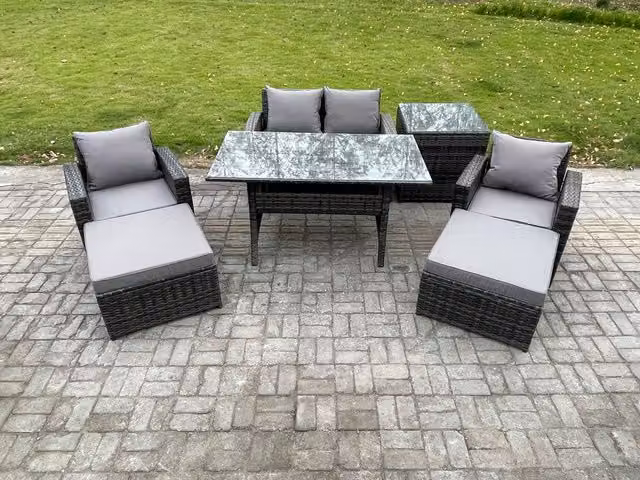 Fimous Outdoor Lounge Sofa and Garden Dining Set in Dark Grey Rattan with Rectangular Glass Top Table, Double Seat Sofa, Armchair and 2 Footstools