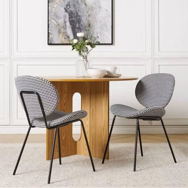 Wyld and Coco Set of 2 Black and White Houndstooth Dining Chairs with Black Metal Legs