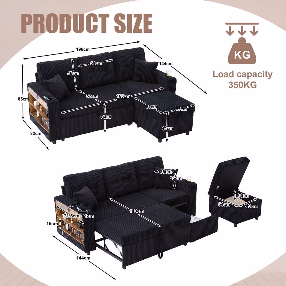 STILVORA Black Corduroy Sofa Bed with Storage and USB Charging – 2