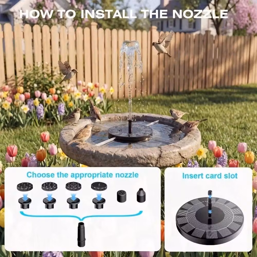 NESTLUNE 1.5W Solar Fountain Pump in Black with 5 Spray Nozzles and 4 Securing Stakes – 2