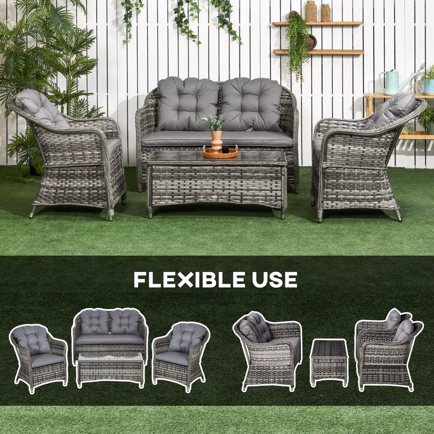 Outsunny 4 Piece Grey Rattan Outdoor Furniture Set with Cushions and Coffee Table – 6