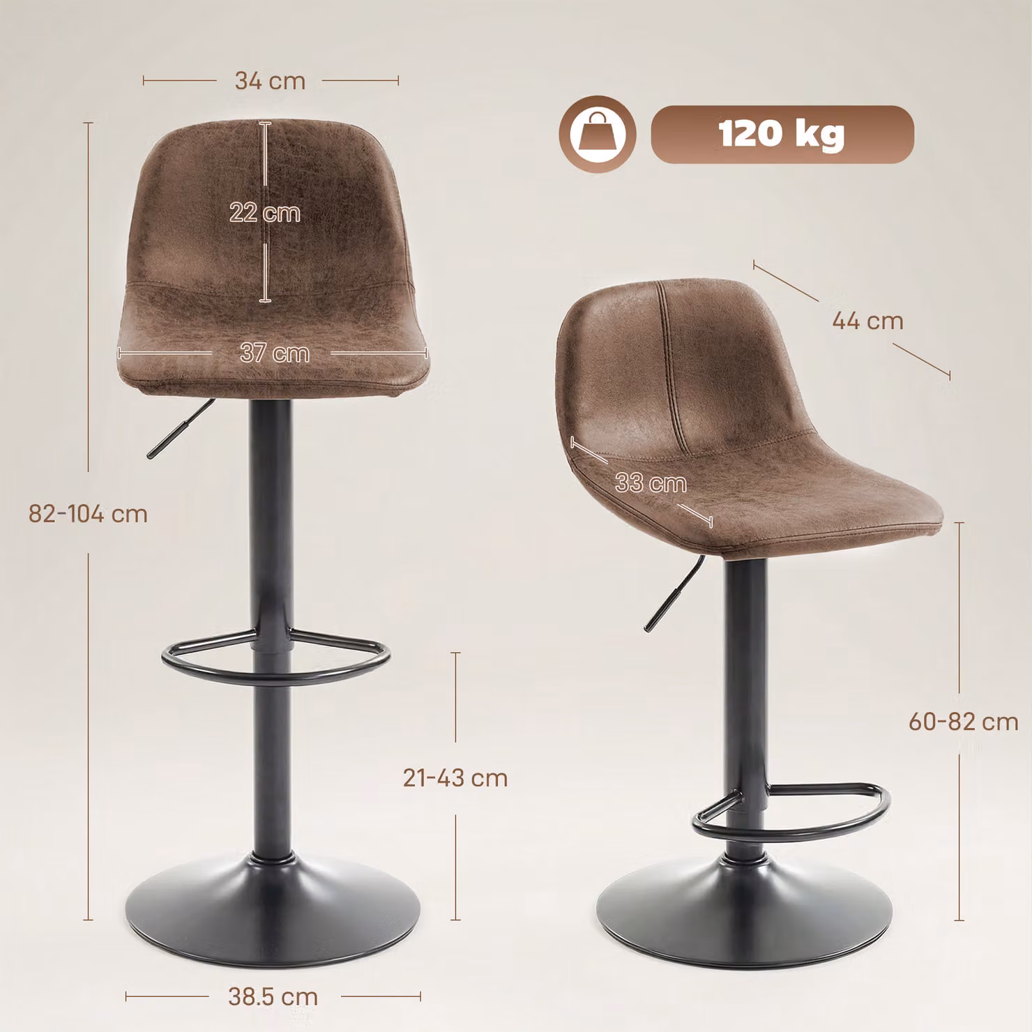 HOMCOM Set of 2 Modern Swivel Bar Stools with Footrest in Brown Synthetic Leather and Metal – 3