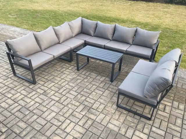 Fimous 9 Seater Aluminium Garden Furniture Set with L-Shape Corner Sofa and Oblong Coffee Table in Dark Grey