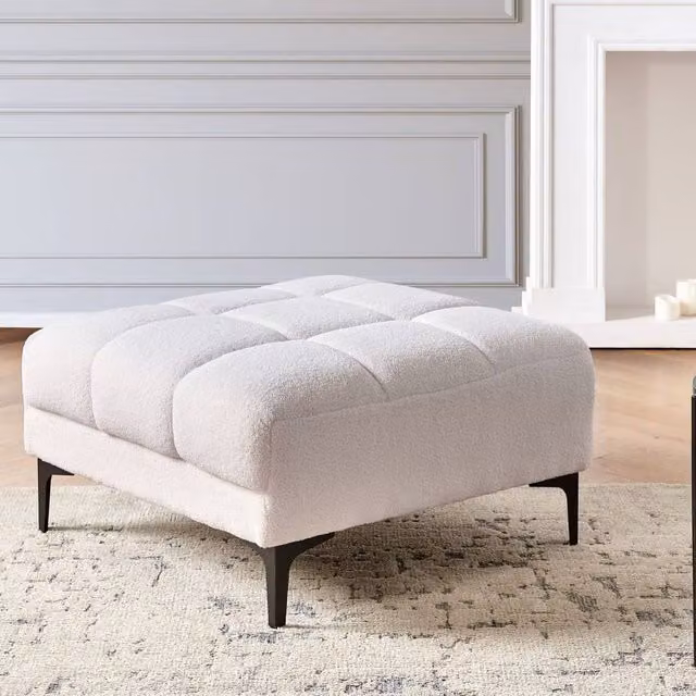 Wyld and Coco White Bouclé Tufted Ottoman with Metal Frame, W/D/H: 88 x 80 x 41 cm – 1