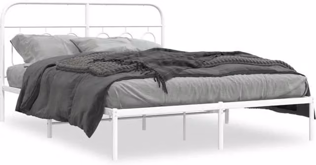 Berkfield Home Metal Bed Frame with Headboard, White, W: 135 cm, L: 190 cm – 1