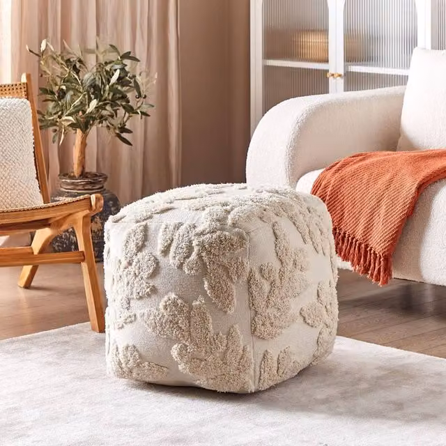 Wyld and Coco Boho Tufted Cotton Pouffe in Beige, Diameter: 45 cm