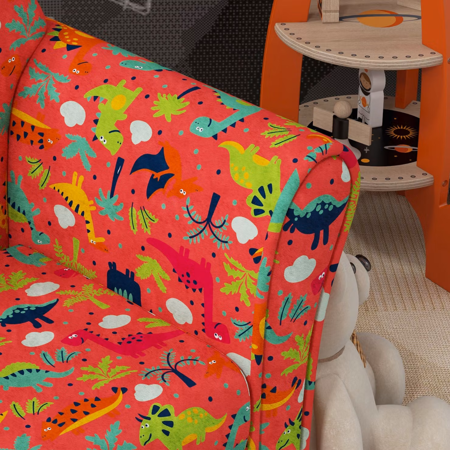 AIYAPLAY Kids Armchair with Dinosaur Design, Red Fabric and Solid Wood Frame – 8