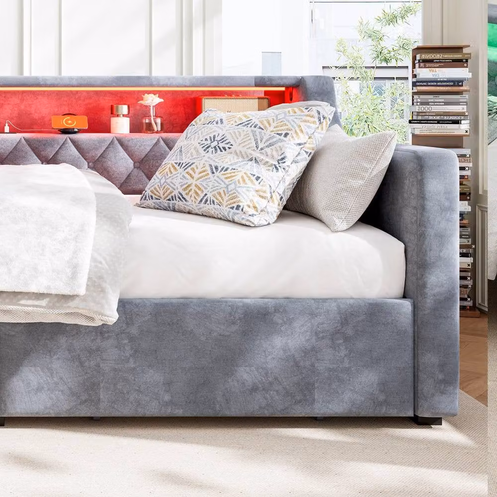 BTM Grey Velvet Daybed with LED Lighting, USB Charging Port and 2 Drawers, W/D/H: 190 x 90 x 104 cm – 5