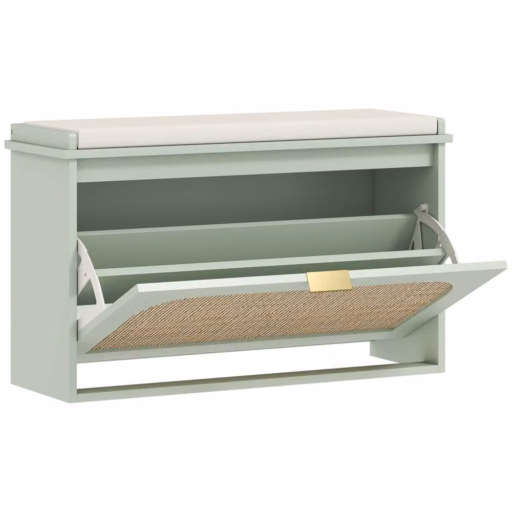 Wyld Haus Rikena Coyo Light Green Boho Shoe Bench with Cushioned Seat and Flip Drawer – 2