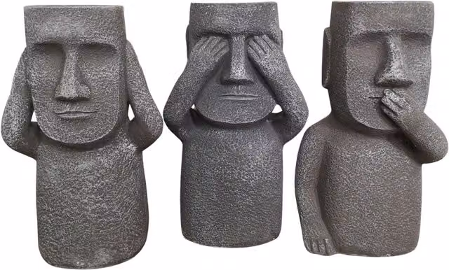 Samuel Alexander Easter Island Speak See Hear No Evil Sculpture Plant Pots in Grey