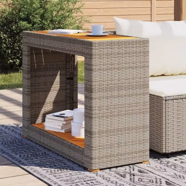 Berkfield Home Garden Grey Poly Rattan Side Table with Oiled Acacia Wood Top, W/D/H: 100 x 40 x 75 cm – 1