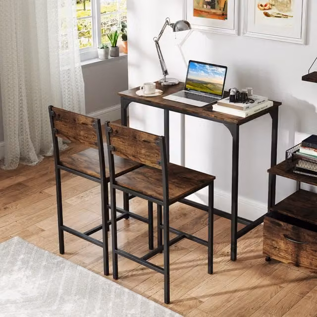 Costway 3 Piece Industrial Bar Table and Chairs Set in Brown