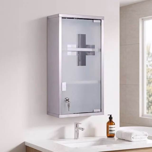 STILVORA Wall Mounted Modern Medicine Cabinet in Silver with 2 Internal Shelves and Lockable Glass Doors