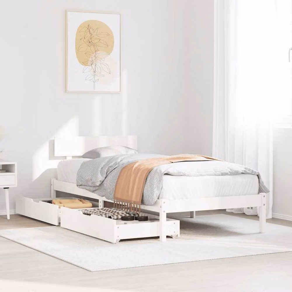 Berkfield Home White Solid Pine Wood Bed Frame with Drawers W/D/H: 100 x 200 cm