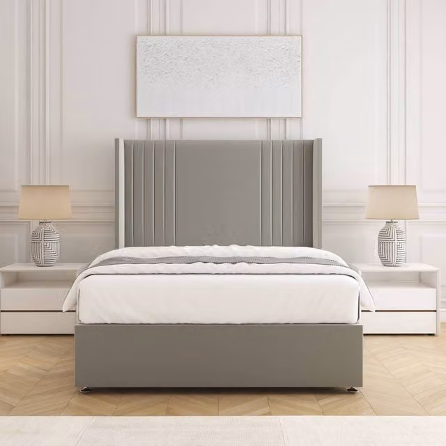 BSSPOKE Cheshire Small Double Divan Bed in Silver Plush Velvet with 54 inch Headboard and 10 inch Mattress, W/D/H: 120 x 200 cm