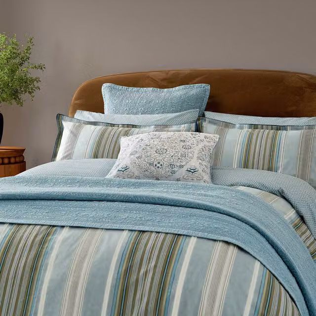 Bedeck of Belfast Oscar Reversible Striped Cotton Percale Duvet Cover and Pillowcase Set, Green and Blue, 200 x 200 cm