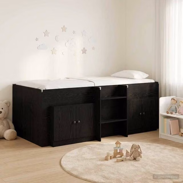Berkfield Home Loft Bed Frame with Cabinet in Black Engineered Wood – 1