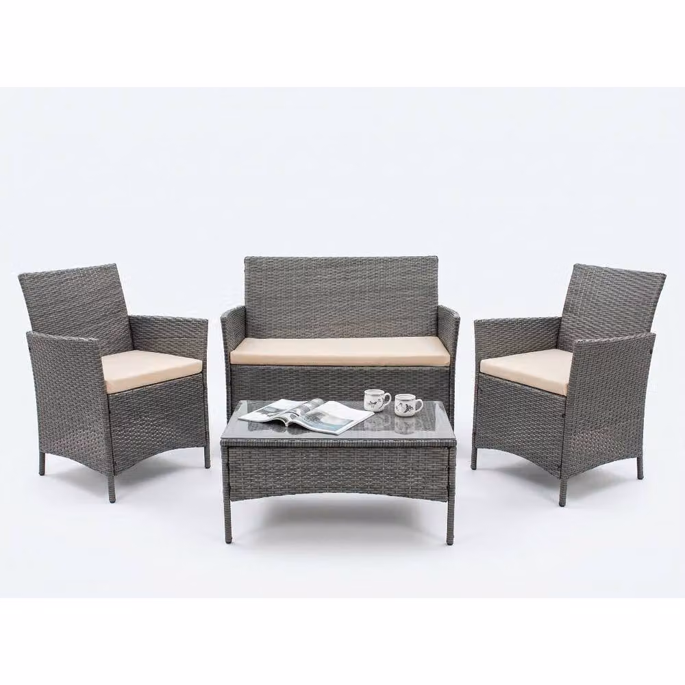 Comfy Living Ltd 4-Piece Grey Polyrattan Garden Patio Furniture Set with Upholstered Cushions, 2-Seater Sofa, 2 Armchairs and Glass Coffee Table – 2