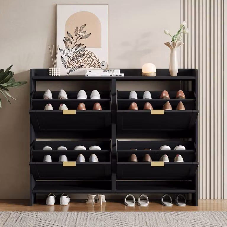 Matteo Modern Black Matt Shoe Cabinet with 4 Tilting Compartments and Open Shelves