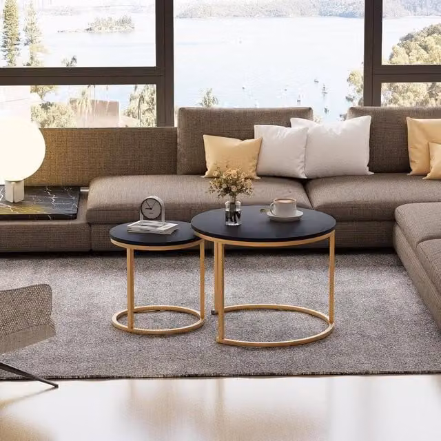 Huhote Set of 2 Round Nesting Side Tables with Matt Black Metal Frame – 1