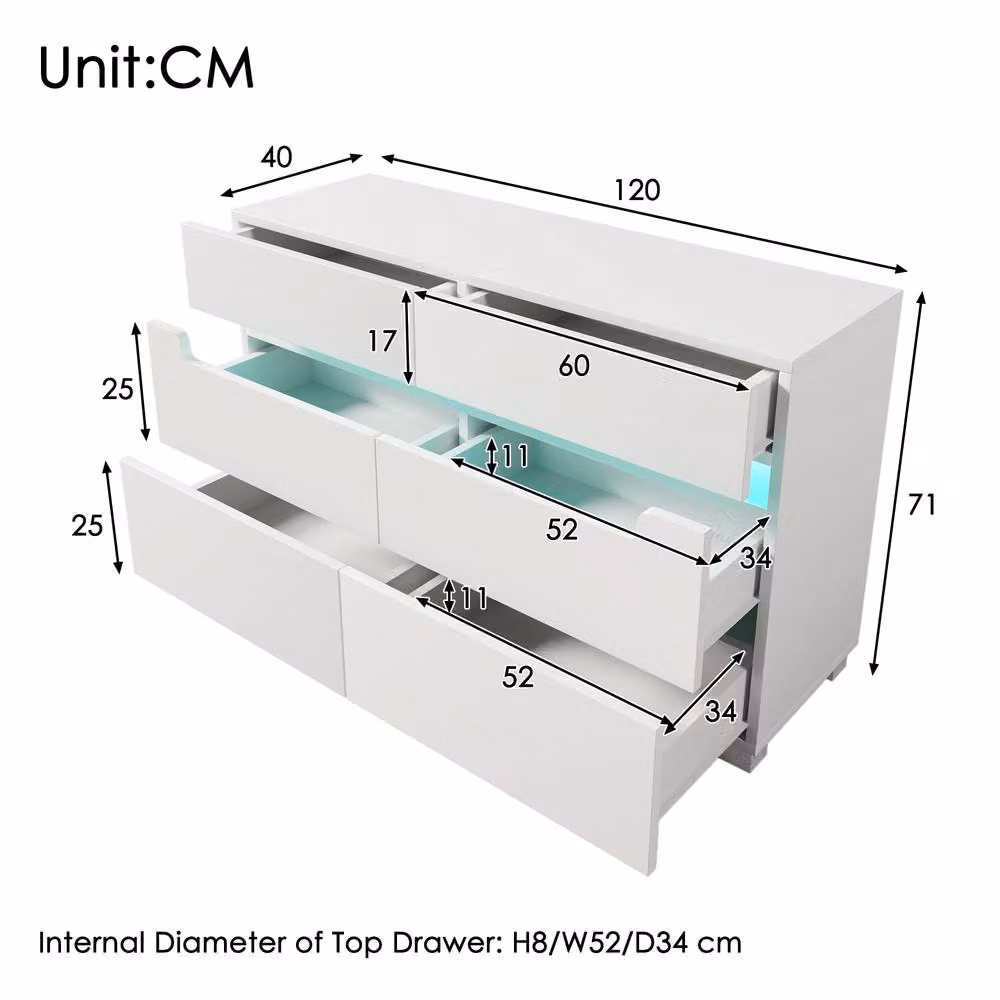 Merax White 6 Drawer Sideboard Cabinet with Integrated LED Lighting W/D/H: 120 x 40 x 71 cm – 2