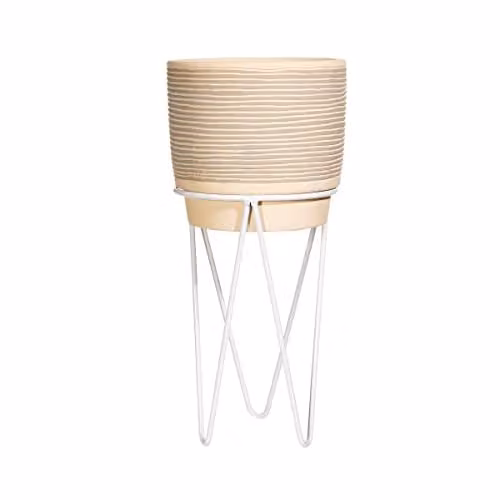 Sass & Belle Grey and White Striped Concrete Tabletop Planter with Metal Wire Stand, W/D/H: 14.0 x 14.0 x 30.0 cm – 1