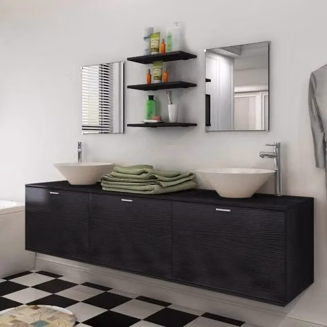 Berkfield Home Eight Piece Modern Matt Black Bathroom Furniture and Ceramic Basin Set