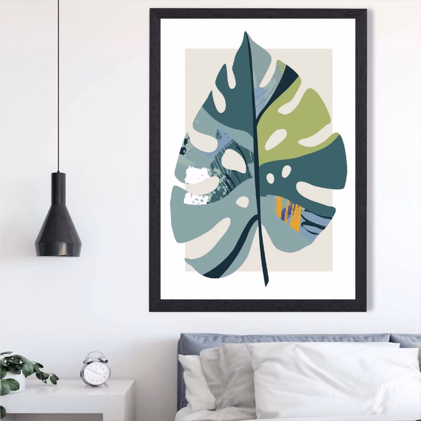 ARTZE Monstera Leaf Mid Century Modern Botanical Framed Print in Petrol and Green, A2 – 2