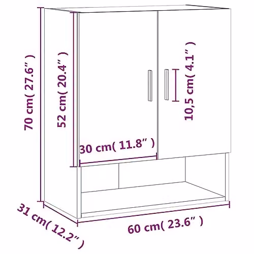 vidaXL Wall Mounted Cabinet in Brown Oak with Hinged Doors and Open Shelf, W: 60 cm, D: 31 cm, H: 70 cm – 2