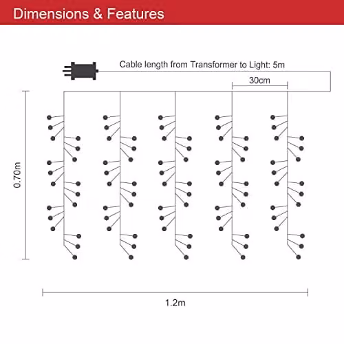 The Christmas Workshop 70439 Waterfall Curtain Chaser LED Lights, Warm White, 240 LEDs, 5m Lead Wire, IP44 Waterproof for Indoor and Outdoor Use – 3