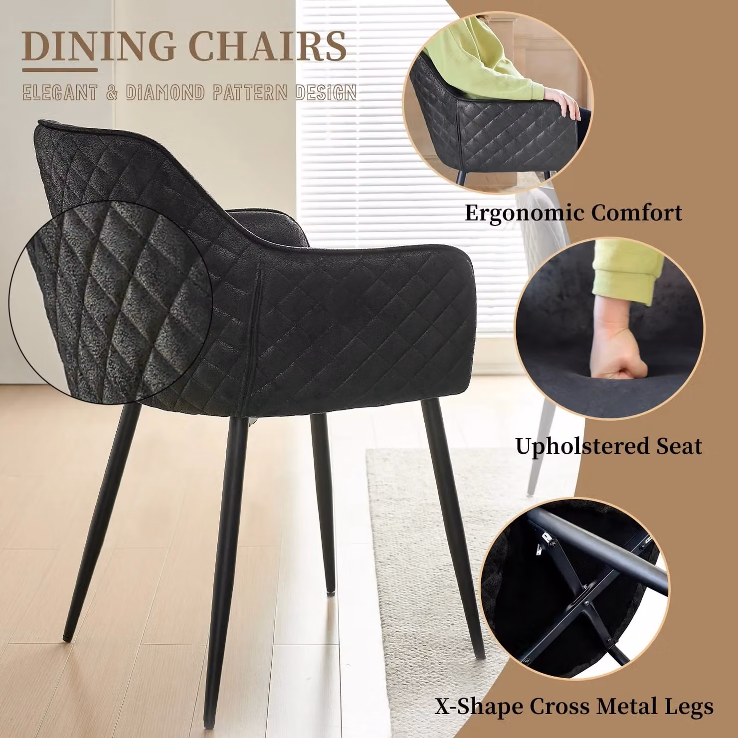 SONARA Dark Walnut Round Dining Table and 4 Black Faux Suede Dining Chairs Set – 3
