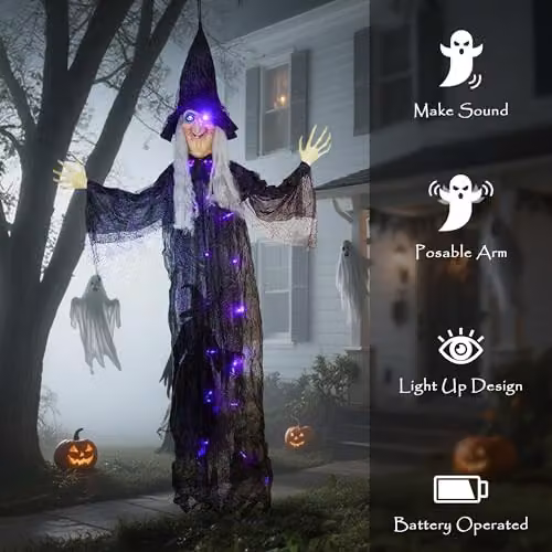 Outsunny Life Size Halloween Animated Hanging Witch with LED Eyes in Black and Purple, Height: 183 cm – 6