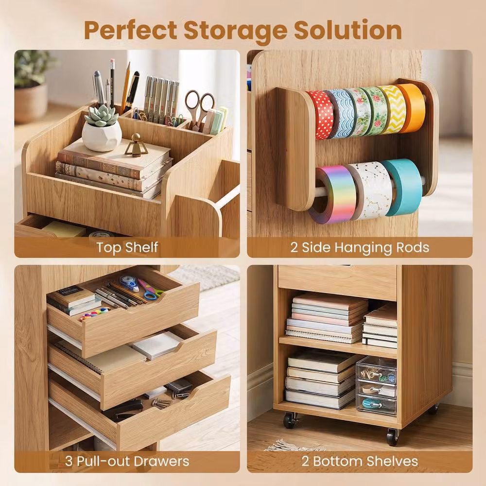 Costway Rolling Storage Cart Mobile Cabinet with 3 Drawers in Natural Wood and Metal Finish – 5