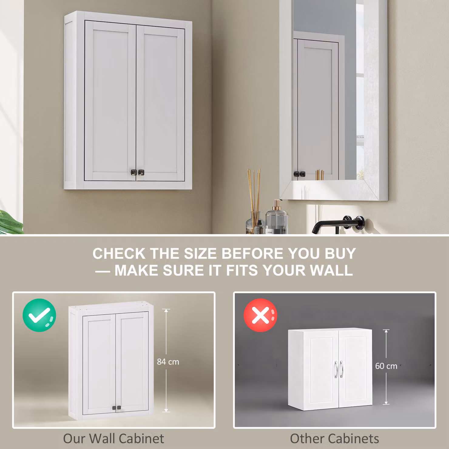 HOMCOM White Wall-Mounted Bathroom Cabinet with Adjustable Internal Shelves and Hinged Doors – 3