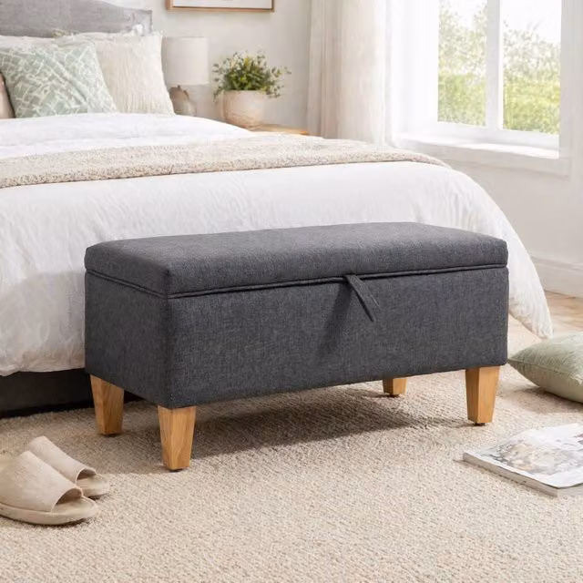 STILVORA Grey Fabric Storage Stool with Padded Top and Wood Frame – 1
