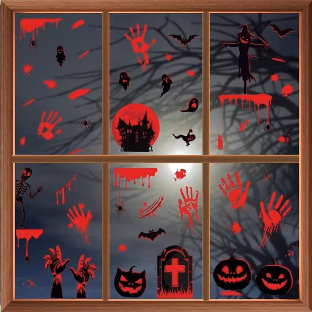 WALPLUS House of Horrors Autumn Halloween Adhesive Window Clings in Red and Black