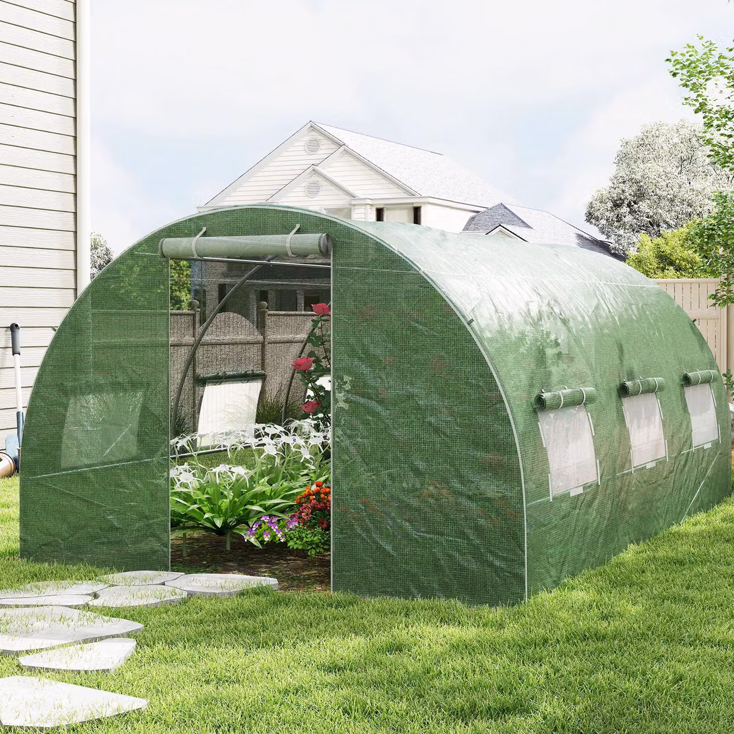 Costway Green Outdoor Walk-in Tunnel Greenhouse with Roll-up Windows, W/D/H: 400 x 300 x 200 cm – 3