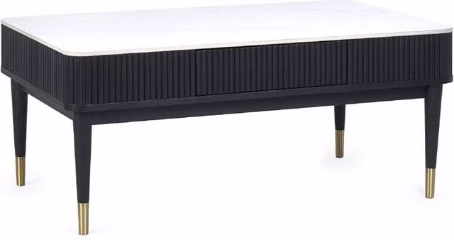 Cheshire Fluted Stone Top Coffee Table with 2 Drawers in White Marble and Black