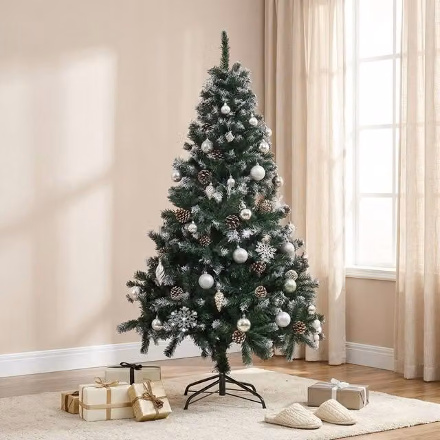 STILVORA Snow-Flocked Green Christmas Tree with Pine Cones – 1