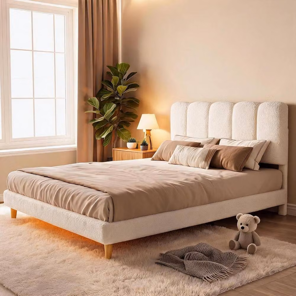 London Boutique Modern Upholstered Bouclé Platform Bed in Beige with Under-Bed Lighting and Drawers, W: 135 cm, L: 190 cm – 4