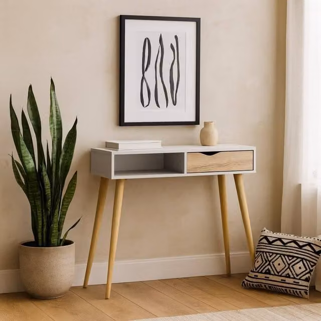Wyld Haus Sapporo Console Table in White and Natural Oak with 1 Drawer and 1 Shelf