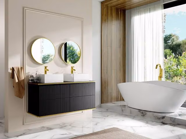 Vente-unique Striped Wall-Mounted Double Bathroom Vanity Unit with Gold Trim in Black, White and Gold, W/D/H: 120 x 47 x 54 cm